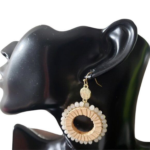 Womens Ivory Wood Glass Beaded Hoop Circle Drop Dangle French Hook Earrings - Picture 2 of 4